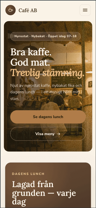 Café-hemsida på mobil